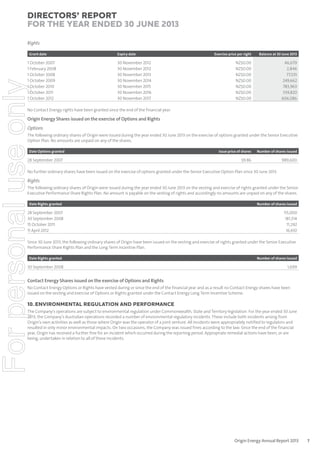 Directors’ Report
for the year ended 30 June 2013
Rights
Grant date

For personal use only

1 October 2007
1 February 2008
1 October 2008
1 October 2009
1 October 2010
1 October 2011
1 October 2012

Expiry date

30 November 2012
30 November 2012
30 November 2013
30 November 2014
30 November 2015
30 November 2016
30 November 2017

Exercise price per right

Balance at 30 June 2013

NZ$0.00
NZ$0.00
NZ$0.00
NZ$0.00
NZ$0.00
NZ$0.00
NZ$0.00

46,679
2,846
77,535
249,662
783,963
539,820
606,086

No Contact Energy rights have been granted since the end of the financial year.

Origin Energy Shares issued on the exercise of Options and Rights
Options
The following ordinary shares of Origin were issued during the year ended 30 June 2013 on the exercise of options granted under the Senior Executive
Option Plan. No amounts are unpaid on any of the shares.
Date Options granted

28 September 2007

Issue price of shares

Number of shares issued

$9.86

989,600

No further ordinary shares have been issued on the exercise of options granted under the Senior Executive Option Plan since 30 June 2013.

Rights
The following ordinary shares of Origin were issued during the year ended 30 June 2013 on the vesting and exercise of rights granted under the Senior
Executive Performance Share Rights Plan. No amount is payable on the vesting of rights and accordingly no amounts are unpaid on any of the shares.
Date Rights granted

28 September 2007
30 September 2008
15 October 2011
11 April 2012

Number of shares issued

115,000
181,314
11,292
16,610

Since 30 June 2013, the following ordinary shares of Origin have been issued on the vesting and exercise of rights granted under the Senior Executive
Performance Share Rights Plan and the Long Term Incentive Plan.
Date Rights granted

30 September 2008

Number of shares issued

1,699

Contact Energy Shares issued on the exercise of Options and Rights
No Contact Energy Options or Rights have vested during or since the end of the financial year and as a result no Contact Energy shares have been
issued on the vesting and exercise of Options or Rights granted under the Contact Energy Long Term Incentive Scheme.

10. ENVIRONMENTAL REGULATION AND PERFORMANCE

The Company’s operations are subject to environmental regulation under Commonwealth, State and Territory legislation. For the year ended 30 June
2013, the Company’s Australian operations recorded a number of environmental regulatory incidents. These include both incidents arising from
Origin’s own activities as well as those where Origin was the operator of a joint venture. All incidents were appropriately notified to regulators and
resulted in only minor environmental impacts. On two occasions, the Company was issued fines according to the law. Since the end of the financial
year, Origin has received a further fine for an incident which occurred during the reporting period. Appropriate remedial actions have been, or are
being, undertaken in relation to all of these incidents.

Origin Energy Annual Report 2013

7

 