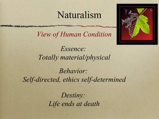 Essence:
Totally material/physical
Behavior:
Self-directed, ethics self-determined
Destiny:
Life ends at death
View of Human Condition
Naturalism
 