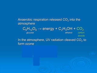 • Anaerobic respiration released CO2 into the
atmosphere
C6H12O6 → energy + C2H3OH + CO2
glucose ethanol carbon
dioxide
• In the atmosphere, UV radiation cleaved CO2 to
form ozone
3CO2 → O3 + 3CO
carbon ozone carbon
dioxide monoxide
UV
 