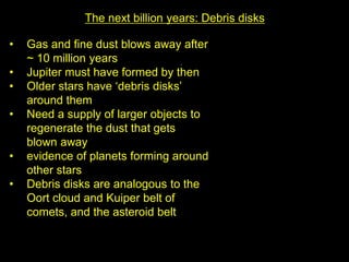 The next billion years: Debris disks
• Gas and fine dust blows away after
~ 10 million years
• Jupiter must have formed by then
• Older stars have ‘debris disks’
around them
• Need a supply of larger objects to
regenerate the dust that gets
blown away
• evidence of planets forming around
other stars
• Debris disks are analogous to the
Oort cloud and Kuiper belt of
comets, and the asteroid belt
 