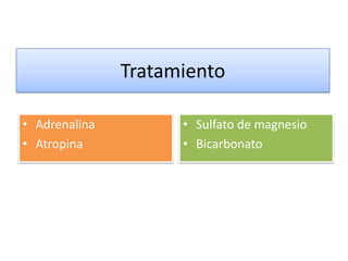 Tratamiento

• Adrenalina         • Sulfato de magnesio
• Atropina           • Bicarbonato
 