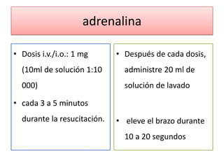 adrenalina

• Dosis i.v./i.o.: 1 mg      • Después de cada dosis,
  (10ml de solución 1:10       administre 20 ml de
  000)                         solución de lavado

• cada 3 a 5 minutos
  durante la resucitación.   • eleve el brazo durante
                               10 a 20 segundos
 