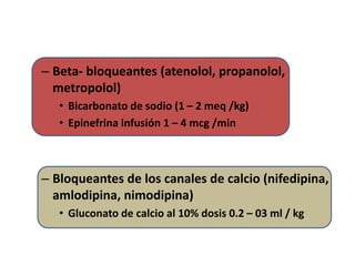 – Beta- bloqueantes (atenolol, propanolol,
  metropolol)
   • Bicarbonato de sodio (1 – 2 meq /kg)
   • Epinefrina infusión 1 – 4 mcg /min



– Bloqueantes de los canales de calcio (nifedipina,
  amlodipina, nimodipina)
   • Gluconato de calcio al 10% dosis 0.2 – 03 ml / kg
 