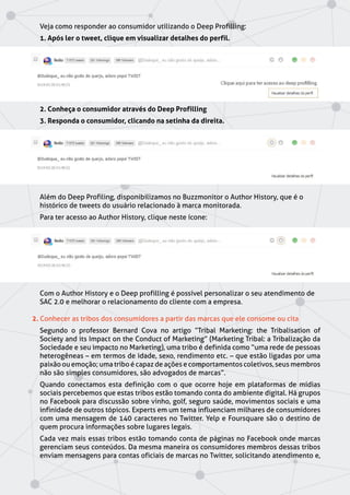 Veja como responder ao consumidor utilizando o Deep Profilling:
1. Após ler o tweet, clique em visualizar detalhes do perfil.
2. Conheça o consumidor através do Deep Profilling
3. Responda o consumidor, clicando na setinha da direita.
Além do Deep Profiling, disponibilizamos no Buzzmonitor o Author History, que é o
histórico de tweets do usuário relacionado à marca monitorada.
Para ter acesso ao Author History, clique neste ícone:
Com o Author History e o Deep profilling é possível personalizar o seu atendimento de
SAC 2.0 e melhorar o relacionamento do cliente com a empresa.
2. Conhecer as tribos dos consumidores a partir das marcas que ele consome ou cita
Segundo o professor Bernard Cova no artigo “Tribal Marketing: the Tribalisation of
Society and its Impact on the Conduct of Marketing” (Marketing Tribal: a Tribalização da
Sociedade e seu impacto no Marketing), uma tribo é definida como “uma rede de pessoas
heterogêneas – em termos de idade, sexo, rendimento etc. – que estão ligadas por uma
paixão ou emoção; uma tribo é capaz de ações e comportamentos coletivos, seus membros
não são simples consumidores, são advogados de marcas”.
Quando conectamos esta definição com o que ocorre hoje em plataformas de mídias
sociais percebemos que estas tribos estão tomando conta do ambiente digital. Há grupos
no Facebook para discussão sobre vinho, golf, seguro saúde, movimentos sociais e uma
infinidade de outros tópicos. Experts em um tema influenciam milhares de consumidores
com uma mensagem de 140 caracteres no Twitter. Yelp e Foursquare são o destino de
quem procura informações sobre lugares legais.
Cada vez mais essas tribos estão tomando conta de páginas no Facebook onde marcas
gerenciam seus conteúdos. Da mesma maneira os consumidores membros dessas tribos
enviam mensagens para contas oficiais de marcas no Twitter, solicitando atendimento e,
 