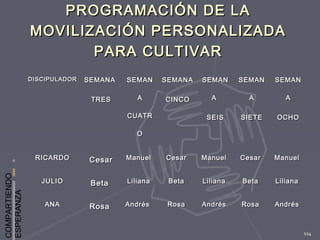 COMPARTIENDO
ESPERANZA
114
DISCIPULADORDISCIPULADOR SEMANASEMANA
TRESTRES
SEMANSEMAN
AA
CUATRCUATR
OO
SEMANASEMANA
CINCOCINCO
SEMANSEMAN
AA
SEISSEIS
SEMANSEMAN
AA
SIETESIETE
SEMANSEMAN
AA
OCHOOCHO
RICARDORICARDO CesarCesar ManuelManuel CesarCesar ManuelManuel CesarCesar ManuelManuel
JULIOJULIO BetaBeta LilianaLiliana BetaBeta LilianaLiliana BetaBeta LilianaLiliana
ANAANA RosaRosa AndrésAndrés RosaRosa AndrésAndrés RosaRosa AndrésAndrés
PROGRAMACIÓN DE LAPROGRAMACIÓN DE LA
MOVILIZACIÓN PERSONALIZADAMOVILIZACIÓN PERSONALIZADA
PARA CULTIVARPARA CULTIVAR
 