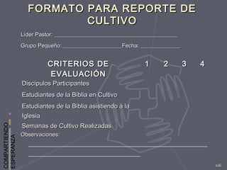 COMPARTIENDO
ESPERANZA
126
FORMATO PARA REPORTE DEFORMATO PARA REPORTE DE
CULTIVOCULTIVO
CRITERIOS DECRITERIOS DE
EVALUACIÓNEVALUACIÓN
11 22 33 44
Discípulos ParticipantesDiscípulos Participantes
Estudiantes de la Biblia en CultivoEstudiantes de la Biblia en Cultivo
Estudiantes de la Biblia asistiendo a laEstudiantes de la Biblia asistiendo a la
IglesiaIglesia
Semanas de Cultivo RealizadasSemanas de Cultivo Realizadas
Líder Pastor: ____________________________________________Líder Pastor: ____________________________________________
Grupo Pequeño: _____________________Fecha: ______________Grupo Pequeño: _____________________Fecha: ______________
Observaciones:Observaciones:
________________________________________________________________
________________________________________
 