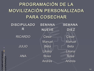 COMPARTIENDO
ESPERANZA
141
DISCIPULADODISCIPULADO
RR
SEMANASEMANA
NUEVENUEVE
SEMANASEMANA
DIEZDIEZ
RICARDORICARDO CesarCesar
ManuelManuel
CesarCesar
ManuelManuel
JULIOJULIO BetaBeta
LilianaLiliana
BetaBeta
LilianaLiliana
ANAANA RosaRosa
AndrésAndrés
RosaRosa
AndrésAndrés
PROGRAMACIÓN DE LAPROGRAMACIÓN DE LA
MOVILIZACIÓN PERSONALIZADAMOVILIZACIÓN PERSONALIZADA
PARA COSECHARPARA COSECHAR
 