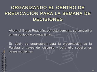 COMPARTIENDO
ESPERANZA
152
ORGANIZANDO EL CENTRO DEORGANIZANDO EL CENTRO DE
PREDICACIÓN PARA LA SEMANA DEPREDICACIÓN PARA LA SEMANA DE
DECISIONESDECISIONES
Ahora el Grupo Pequeño, por esta semana, se convertiráAhora el Grupo Pequeño, por esta semana, se convertirá
en un equipo de evangelismo.en un equipo de evangelismo.
Es decir, se organizarán para la presentación de laEs decir, se organizarán para la presentación de la
Palabra a través del discurso y para ello seguirá losPalabra a través del discurso y para ello seguirá los
pasos siguientes:pasos siguientes:
 