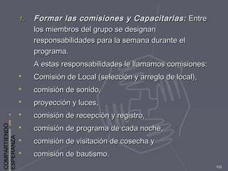 COMPARTIENDO
ESPERANZA
153
1.1. Formar las comisiones y Capacitarlas:Formar las comisiones y Capacitarlas: EntreEntre
los miembros del grupo se designanlos miembros del grupo se designan
responsabilidades para la semana durante elresponsabilidades para la semana durante el
programa.programa.
A estas responsabilidades le llamamos comisiones:A estas responsabilidades le llamamos comisiones:
 Comisión de Local (selección y arreglo de local),Comisión de Local (selección y arreglo de local),
 comisión de sonido,comisión de sonido,
 proyección y luces,proyección y luces,
 comisión de recepción y registro,comisión de recepción y registro,
 comisión de programa de cada noche,comisión de programa de cada noche,
 comisión de visitación de cosecha ycomisión de visitación de cosecha y
 comisión de bautismo.comisión de bautismo.
 