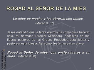 COMPARTIENDO
ESPERANZA
16
ROGAD AL SEÑOR DE LA MIESROGAD AL SEÑOR DE LA MIES
La mies es mucha y los obreros son pocosLa mies es mucha y los obreros son pocos
(Mateo 9: 37)(Mateo 9: 37)
Jesús entendió que la tarea era mucha como para hacerloJesús entendió que la tarea era mucha como para hacerlo
solo. Mi hermano Director Misionero, necesitas de lossolo. Mi hermano Director Misionero, necesitas de los
líderes pastores de los Grupos Pequeños para liderar ylíderes pastores de los Grupos Pequeños para liderar y
pastorear esta iglesia. Así como Jesús necesitas ahora,pastorear esta iglesia. Así como Jesús necesitas ahora,
Rogad al Señor de mies, que envíe obreros a suRogad al Señor de mies, que envíe obreros a su
miesmies , (Mateo 9:38)., (Mateo 9:38).
 