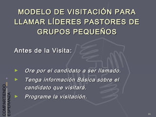 COMPARTIENDO
ESPERANZA
21
MODELO DE VISITACIÓN PARAMODELO DE VISITACIÓN PARA
LLAMAR LÍDERES PASTORES DELLAMAR LÍDERES PASTORES DE
GRUPOS PEQUEÑOSGRUPOS PEQUEÑOS
Antes de la Visita:Antes de la Visita:
► Ore por el candidato a ser llamado.Ore por el candidato a ser llamado.
► Tenga información Básica sobre elTenga información Básica sobre el
candidato que visitará.candidato que visitará.
► Programe la visitación.Programe la visitación.
 
