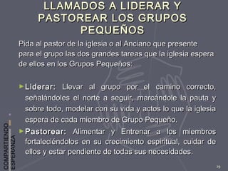 COMPARTIENDO
ESPERANZA
29
LLAMADOS A LIDERAR YLLAMADOS A LIDERAR Y
PASTOREAR LOS GRUPOSPASTOREAR LOS GRUPOS
PEQUEÑOSPEQUEÑOS
Pida al pastor de la iglesia o al Anciano que presentePida al pastor de la iglesia o al Anciano que presente
para el grupo las dos grandes tareas que la iglesia esperapara el grupo las dos grandes tareas que la iglesia espera
de ellos en los Grupos Pequeños:de ellos en los Grupos Pequeños:
► Liderar:Liderar: Llevar al grupo por el camino correcto,Llevar al grupo por el camino correcto,
señalándoles el norte a seguir, marcándole la pauta yseñalándoles el norte a seguir, marcándole la pauta y
sobre todo, modelar con su vida y actos lo que la iglesiasobre todo, modelar con su vida y actos lo que la iglesia
espera de cada miembro de Grupo Pequeño.espera de cada miembro de Grupo Pequeño.
► Pastorear:Pastorear: Alimentar y Entrenar a los miembrosAlimentar y Entrenar a los miembros
fortaleciéndolos en su crecimiento espiritual, cuidar defortaleciéndolos en su crecimiento espiritual, cuidar de
ellos y estar pendiente de todas sus necesidades.ellos y estar pendiente de todas sus necesidades.
 