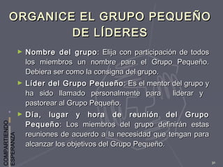COMPARTIENDO
ESPERANZA
30
ORGANICE EL GRUPO PEQUEÑOORGANICE EL GRUPO PEQUEÑO
DE LÍDERESDE LÍDERES
► Nombre del grupoNombre del grupo : Elija con participación de todos: Elija con participación de todos
los miembros un nombre para el Grupo Pequeño.los miembros un nombre para el Grupo Pequeño.
Debiera ser como la consigna del grupo.Debiera ser como la consigna del grupo.
► Líder del Grupo PequeñoLíder del Grupo Pequeño : Es el mentor del grupo y: Es el mentor del grupo y
ha sido llamado personalmente para liderar yha sido llamado personalmente para liderar y
pastorear al Grupo Pequeño.pastorear al Grupo Pequeño.
► Día, lugar y hora de reunión del GrupoDía, lugar y hora de reunión del Grupo
PequeñoPequeño: Los miembros del grupo definirán estas: Los miembros del grupo definirán estas
reuniones de acuerdo a la necesidad que tengan parareuniones de acuerdo a la necesidad que tengan para
alcanzar los objetivos del Grupo Pequeño.alcanzar los objetivos del Grupo Pequeño.
 