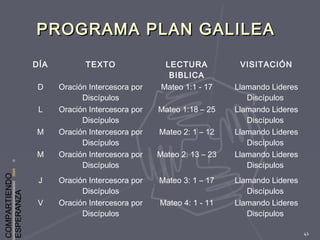 COMPARTIENDO
ESPERANZA
41
PROGRAMA PLAN GALILEAPROGRAMA PLAN GALILEA
DÍA TEXTO LECTURA
BIBLICA
VISITACIÓN
D Oración Intercesora por
Discípulos
Mateo 1:1 - 17 Llamando Lideres
Discípulos
L Oración Intercesora por
Discípulos
Mateo 1:18 – 25 Llamando Lideres
Discípulos
M Oración Intercesora por
Discípulos
Mateo 2: 1 – 12 Llamando Lideres
Discípulos
M Oración Intercesora por
Discípulos
Mateo 2: 13 – 23 Llamando Lideres
Discípulos
J Oración Intercesora por
Discípulos
Mateo 3: 1 – 17 Llamando Lideres
Discípulos
V Oración Intercesora por
Discípulos
Mateo 4: 1 - 11 Llamando Lideres
Discípulos
 