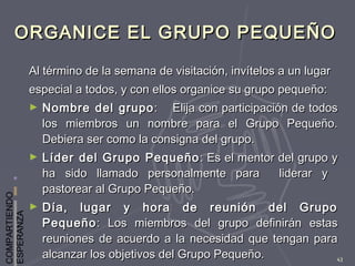 COMPARTIENDO
ESPERANZA
43
ORGANICE EL GRUPO PEQUEÑOORGANICE EL GRUPO PEQUEÑO
Al término de la semana de visitación, invítelos a un lugarAl término de la semana de visitación, invítelos a un lugar
especial a todos, y con ellos organice su grupo pequeño:especial a todos, y con ellos organice su grupo pequeño:
► Nombre del grupoNombre del grupo:: Elija con participación de todosElija con participación de todos
los miembros un nombre para el Grupo Pequeño.los miembros un nombre para el Grupo Pequeño.
Debiera ser como la consigna del grupo.Debiera ser como la consigna del grupo.
► Líder del Grupo PequeñoLíder del Grupo Pequeño : Es el mentor del grupo y: Es el mentor del grupo y
ha sido llamado personalmente para liderar yha sido llamado personalmente para liderar y
pastorear al Grupo Pequeño.pastorear al Grupo Pequeño.
► Día, lugar y hora de reunión del GrupoDía, lugar y hora de reunión del Grupo
PequeñoPequeño: Los miembros del grupo definirán estas: Los miembros del grupo definirán estas
reuniones de acuerdo a la necesidad que tengan parareuniones de acuerdo a la necesidad que tengan para
alcanzar los objetivos del Grupo Pequeño.alcanzar los objetivos del Grupo Pequeño.
 