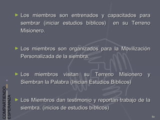 COMPARTIENDO
ESPERANZA
60
► Los miembros son entrenados y capacitados paraLos miembros son entrenados y capacitados para
sembrar (iniciar estudios bíblicos) en su Terrenosembrar (iniciar estudios bíblicos) en su Terreno
Misionero.Misionero.
► Los miembros son organizados para la MovilizaciónLos miembros son organizados para la Movilización
Personalizada de la siembra.Personalizada de la siembra.
► Los miembros visitan su Terreno Misionero yLos miembros visitan su Terreno Misionero y
Siembran la Palabra (Inician Estudios Bíblicos)Siembran la Palabra (Inician Estudios Bíblicos)
► Los Miembros dan testimonio y reportan trabajo de laLos Miembros dan testimonio y reportan trabajo de la
siembra. (inicios de estudios bíblicos)siembra. (inicios de estudios bíblicos)
 
