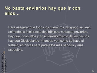 COMPARTIENDO
ESPERANZA
83
No basta enviarlos hay que ir conNo basta enviarlos hay que ir con
ellos…ellos…
Para asegurar que todos los miembros del grupo se veanPara asegurar que todos los miembros del grupo se vean
animados a iniciar estudios bíblicos, no basta enviarlos,animados a iniciar estudios bíblicos, no basta enviarlos,
hay que ir con ellos y en el terreno mismo de los hechoshay que ir con ellos y en el terreno mismo de los hechos
hay que Discipularlos mientras ven cómo se hace elhay que Discipularlos mientras ven cómo se hace el
trabajo, entonces será para ellos más sencillo y mástrabajo, entonces será para ellos más sencillo y más
asequible.asequible.
 