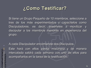COMPARTIENDO
ESPERANZA
87
¿Como Testificar?¿Como Testificar?
Si tiene un Grupo Pequeño de 10 miembros, seleccione aSi tiene un Grupo Pequeño de 10 miembros, seleccione a
tres de los más experimentados y capacítelos comotres de los más experimentados y capacítelos como
Discipuladores, es decir, enséñeles a movilizar yDiscipuladores, es decir, enséñeles a movilizar y
discipular a los miembros menores en experiencia deldiscipular a los miembros menores en experiencia del
grupo.grupo.
A cada Discipulador encomiende dos Discípulos.A cada Discipulador encomiende dos Discípulos.
Este hará con ellos pareja misionera y de maneraEste hará con ellos pareja misionera y de manera
intercalada saldrá cada semana con uno de ellos paraintercalada saldrá cada semana con uno de ellos para
acompañarlos en la tarea de la testificación.acompañarlos en la tarea de la testificación.
 