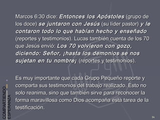 COMPARTIENDO
ESPERANZA
94
Marcos 6:30 dice:Marcos 6:30 dice: Entonces los ApóstolesEntonces los Apóstoles (grupo de(grupo de
los doce)los doce) se juntaron con Jesússe juntaron con Jesús (su líder pastor)(su líder pastor) y ley le
contaron todo lo que habían hecho y enseñadocontaron todo lo que habían hecho y enseñado
(reportes y testimonios). Lucas también cuenta de los 70(reportes y testimonios). Lucas también cuenta de los 70
que Jesús envió:que Jesús envió: Los 70 volvieron con gozo,Los 70 volvieron con gozo,
diciendo: Señor, ¡hasta los demonios se nosdiciendo: Señor, ¡hasta los demonios se nos
sujetan en tu nombre¡sujetan en tu nombre¡ (reportes y testimonios).(reportes y testimonios).
Es muy importante que cada Grupo Pequeño reporte yEs muy importante que cada Grupo Pequeño reporte y
comparta sus testimonios del trabajo realizado. Esto nocomparta sus testimonios del trabajo realizado. Esto no
solo reanima, sino que también sirve para reconocer lasolo reanima, sino que también sirve para reconocer la
forma maravillosa como Dios acompaña esta tarea de laforma maravillosa como Dios acompaña esta tarea de la
testificación.testificación.
 
