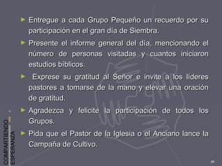 COMPARTIENDO
ESPERANZA
96
► Entregue a cada Grupo Pequeño un recuerdo por suEntregue a cada Grupo Pequeño un recuerdo por su
participación en el gran día de Siembra.participación en el gran día de Siembra.
► Presente el informe general del día, mencionando elPresente el informe general del día, mencionando el
número de personas visitadas y cuantos iniciaronnúmero de personas visitadas y cuantos iniciaron
estudios bíblicos.estudios bíblicos.
► Exprese su gratitud al Señor e invite a los líderesExprese su gratitud al Señor e invite a los líderes
pastores a tomarse de la mano y elevar una oraciónpastores a tomarse de la mano y elevar una oración
de gratitud.de gratitud.
► Agradezca y felicite la participación de todos losAgradezca y felicite la participación de todos los
Grupos.Grupos.
► Pida que el Pastor de la Iglesia o el Anciano lance laPida que el Pastor de la Iglesia o el Anciano lance la
Campaña de Cultivo.Campaña de Cultivo.
 