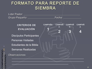 COMPARTIENDO
ESPERANZA
97
FORMATO PARA REPORTE DEFORMATO PARA REPORTE DE
SIEMBRASIEMBRA
Líder Pastor: ____________________________________________Líder Pastor: ____________________________________________
Grupo Pequeño: _____________________Fecha: ______________Grupo Pequeño: _____________________Fecha: ______________
Observaciones:Observaciones:
________________________________________________________
________________________________________________________
____________________________________________
CRITERIOS DE
EVALUACIÓN
CAMPAÑA
1
CAMPAÑ
A
2
CAMPAÑ
A
3
CAMPAÑ
A
4
Discípulos Participantes
Personas Visitadas
Estudiantes de la Biblia
Semanas Realizadas
 