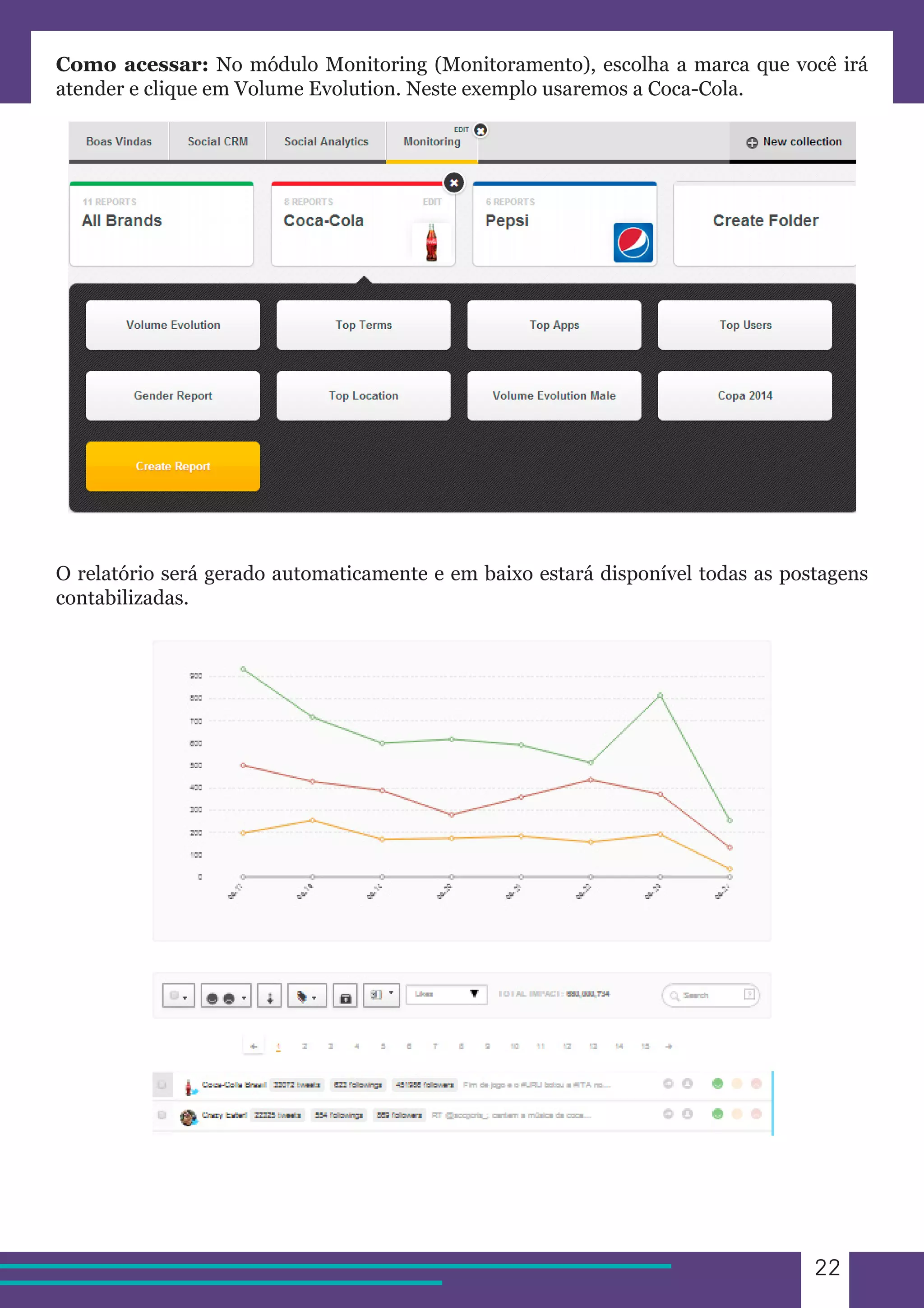 22 
Como acessar: No módulo Monitoring (Monitoramento), escolha a marca que você irá 
atender e clique em Volume Evolution. Neste exemplo usaremos a Coca-Cola. 
O relatório será gerado automaticamente e em baixo estará disponível todas as postagens 
contabilizadas. 
 
