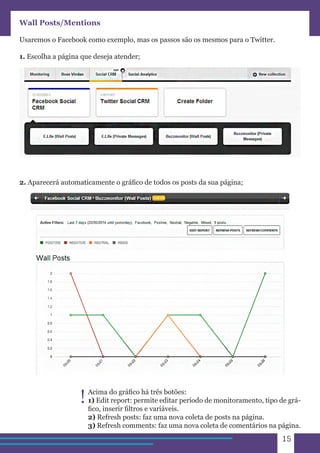 15 
Wall Posts/Mentions 
Usaremos o Facebook como exemplo, mas os passos são os mesmos para o Twitter. 
1. Escolha a página que deseja atender; 
2. Aparecerá automaticamente o gráfico de todos os posts da sua página; 
Acima do gráfico há três botões: 
1) Edit report: permite editar período de monitoramento, tipo de grá-fico, 
inserir filtros e variáveis. 
2) Refresh posts: faz uma nova coleta de posts na página. 
3) Refresh comments: faz uma nova coleta de comentários na página. 
! 
 