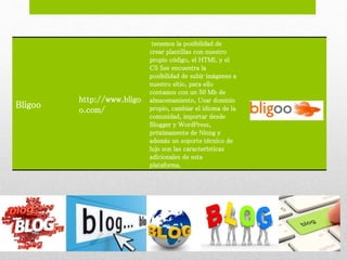 Bligoo
http://www.bligo
o.com/
tenemos la posibilidad de
crear plantillas con nuestro
propio código, el HTML y el
CS Sse encuentra la
posibilidad de subir imágenes a
nuestro sitio, para ello
contamos con un 50 Mb de
almacenamiento, Usar dominio
propio, cambiar el idioma de la
comunidad, importar desde
Blogger y WordPress,
próximamente de Ninng y
además un soporte técnico de
lujo son las características
adicionales de esta
plataforma.
 