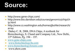  http://www.gene-chips.com/
 http://www.bio.davidson.edu/courses/genomics/chip/ch
ip.html
 http://www.cs.washington.edu/homes/jbuhler/research/
array
 Dubey C. R, 2008, DNA Chips, A textbook for
Biotechnology, S. Chand and Company Ltd., New Delhi,
13th Edition, Pg. 194 – 197.
 www.gene-chips.com
 www.biotechnology4u.com
 www.biotechnologyforums.com
 www.ehow.com
 
