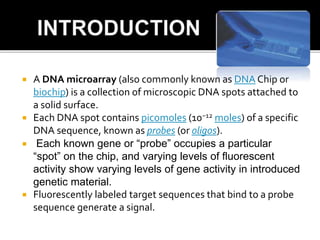  A DNA microarray (also commonly known as DNA Chip or
biochip) is a collection of microscopic DNA spots attached to
a sol...