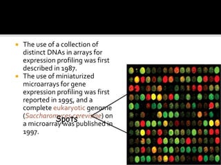  The use of a collection of
distinct DNAs in arrays for
expression profiling was first
described in 1987.
 The use of mi...