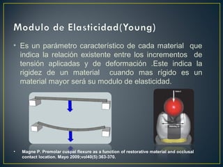 • Es un parámetro característico de cada material que
indica la relación existente entre los incrementos de
tensión aplicadas y de deformación .Este indica la
rigidez de un material cuando mas rígido es un
material mayor será su modulo de elasticidad.
• Magne P. Premolar cuspal flexure as a function of restorative material and occlusal
contact location. Mayo 2009;vol40(5):363-370.
 