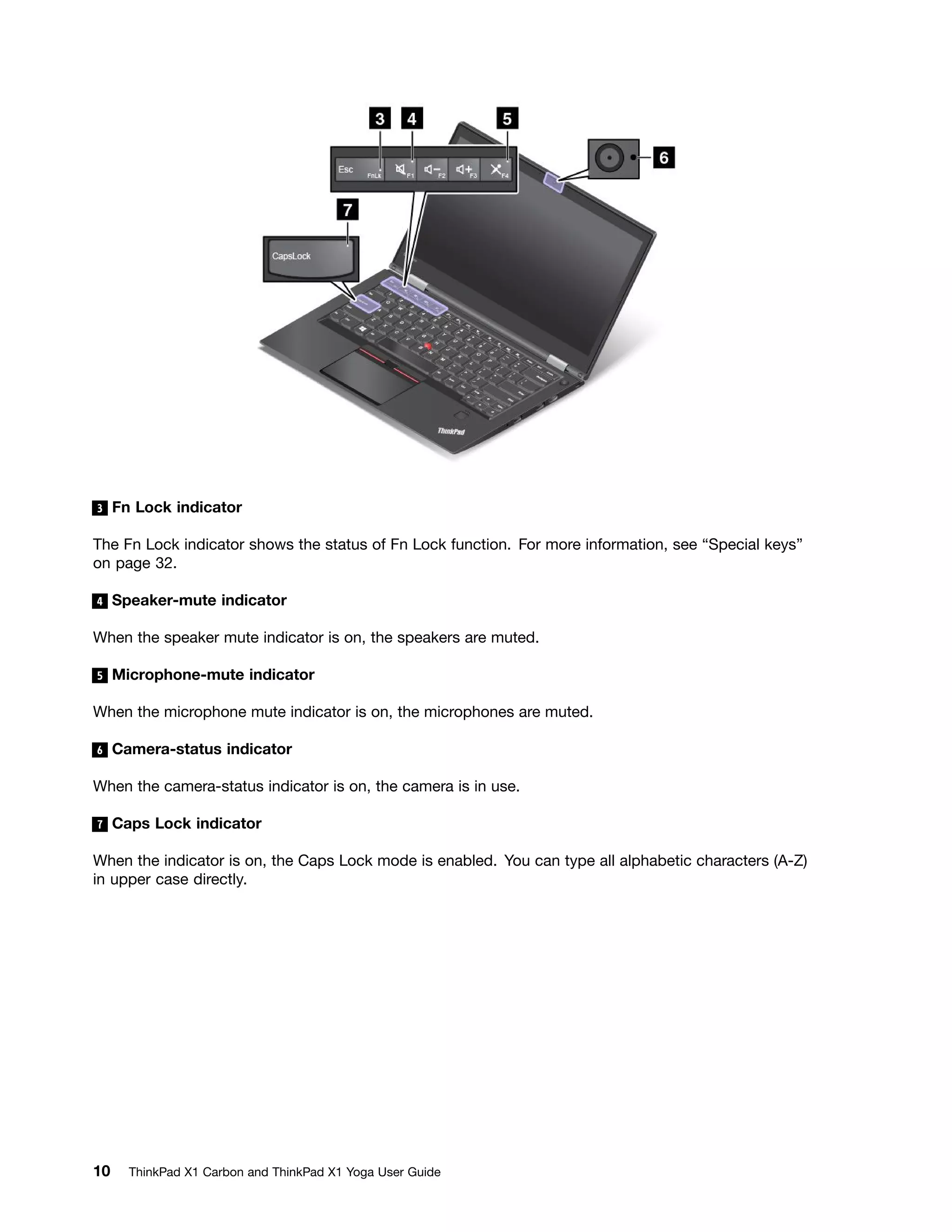 3 Fn Lock indicator
The Fn Lock indicator shows the status of Fn Lock function. For more information, see “Special keys”
on page 32.
4 Speaker-mute indicator
When the speaker mute indicator is on, the speakers are muted.
5 Microphone-mute indicator
When the microphone mute indicator is on, the microphones are muted.
6 Camera-status indicator
When the camera-status indicator is on, the camera is in use.
7 Caps Lock indicator
When the indicator is on, the Caps Lock mode is enabled. You can type all alphabetic characters (A-Z)
in upper case directly.
10 ThinkPad X1 Carbon and ThinkPad X1 Yoga User Guide
 