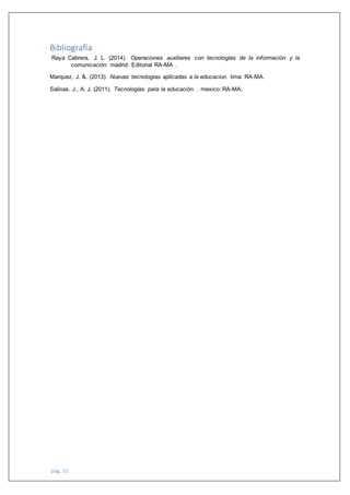 pág. 32
Bibliografía
Raya Cabrera, J. L. (2014). Operaciones auxiliares con tecnologías de la información y la
comunicación. madrid: Editorial RA-MA .
Marquez, J. &. (2013). Nuevas tecnologias aplicadas a la educacion. lima: RA-MA.
Salinas. J., A. J. (2011). Tecnologías para la educación. . mexico: RA-MA.
 