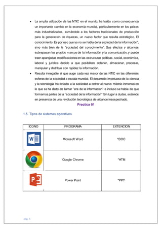 pág. 5
 La amplia utilización de las NTIC en el mundo, ha traído como consecuencia
un importante cambio en la economía mundial, particularmente en los países
más industrializados, sumándole a los factores tradicionales de producción
para la generación de riquezas, un nuevo factor que resulta estratégico. El
conocimiento. Es por eso que ya no se habla de la sociedad de la información”,
sino más bien de la “sociedad del conocimiento”. Sus efectos y alcances
sobrepasan los propios marcos de la información y la comunicación, y puede
traer aparejadas modificaciones en las estructuras políticas, social, económica,
laboral y jurídica debido a que posibilitan obtener, almacenar, procesar,
manipular y distribuir con rapidez la información.
 Resulta innegable el que auge cada vez mayor de las NTIC en las diferentes
esferas de la sociedad a escala mundial. El desarrollo impetuoso de la ciencia
y la tecnología ha llevado a la sociedad a entrar al nuevo milenio inmenso en
lo que se ha dado en llamar ‘’era de la información’’ e incluso se había de que
formamos partes de la ‘’sociedad de la información’’ Sin lugar a dudas, estamos
en presencia de una revolución tecnológica de alcance insospechado.
Practica 01
1.5. Tipos de sistemas operativos
ICONO PROGRAMA EXTENCION
Microsoft Word *DOC
Google Chrome *HTM
Power Point *PPT
 