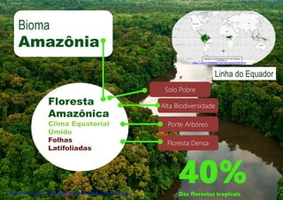 Bioma
Amazônia
Floresta
Amazônica
Clima Equatorial
Úmido
Folhas
Latifoliadas
40%Das florestas tropicais
Linha do Equador
https://www.conservation.org/global/brasil/Pages/alianca-restauracao-amazonia.aspx
Alta Biodiversidade
Porte Arbóreo
Floresta Densa
Solo Pobre
https://world.mongabay.com/portuguese/002.html
 