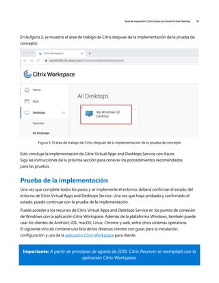 Guía de migración: Citrix Cloud con Azure Virtual Desktop 18
En la figura 5, se muestra el área de trabajo de Citrix después de la implementación de la prueba de
concepto:
Figura 5: El área de trabajo de Citrix después de la implementación de la prueba de concepto
Esto concluye la implementación de Citrix Virtual Apps and Desktops Service con Azure.
Siga las instrucciones de la próxima sección para conocer los procedimientos recomendados
para las pruebas.
Prueba de la implementación
Una vez que complete todos los pasos y se implemente el entorno, deberá confirmar el estado del
entorno de Citrix Virtual Apps and Desktops Service. Una vez que haya probado y confirmado el
estado, puede continuar con la prueba de la implementación.
Puede acceder a los recursos de Citrix Virtual Apps and Desktops Service en los puntos de conexión
de Windows con la aplicación Citrix Workspace. Además de la plataforma Windows, también puede
usar los clientes de Android, iOS, macOS, Linux, Chrome y web, entre otros sistemas operativos.
El siguiente vínculo contiene una lista de los diversos clientes con guías para la instalación,
configuración y uso de la aplicación Citrix Workspace para cliente.
Importante: A partir de principios de agosto de 2018, Citrix Receiver se reemplazó con la
aplicación Citrix Workspace.
 