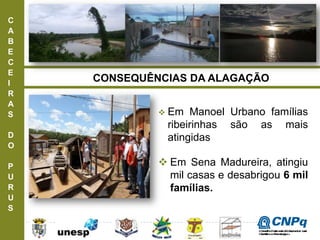 C
A
B
E
C
E
I
R
A
S
D
O
P
U
R
U
S
 Em Manoel Urbano famílias
ribeirinhas são as mais
atingidas
 Em Sena Madureira, atingiu
mil casas e desabrigou 6 mil
famílias.
CONSEQUÊNCIAS DA ALAGAÇÃO
ConselhoNacionaldeDesenvolvimento
CientíficoeTecnológico
 