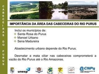 C
A
B
E
C
E
I
R
A
S
D
O
P
U
R
U
S
Inclui os municípios de:
 Santa Rosa do Purus
 Manoel Urbano
 Sena Madureira
Abastecimento urbano depende do Rio Purus.
Desmatar a mata ciliar nas cabeceiras comprometerá a
vazão do Rio Purus até o Rio Amazonas.
ConselhoNacionaldeDesenvolvimento
CientíficoeTecnológico
 