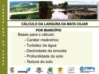 C
A
B
E
C
E
I
R
A
S
D
O
P
U
R
U
S
Bases para o cálculo:
- Caráter meândrico
- Turbidez da água
- Declividade da encosta
- Profundidade do solo
- Textura do solo
ConselhoNacionaldeDesenvolvimento
CientíficoeTecnológico
 