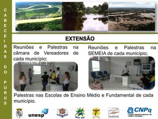 C
A
B
E
C
E
I
R
A
S
D
O
P
U
R
U
S
Reuniões e Palestras na
câmara de Vereadores de
cada município;
Reuniões e Palestras na
SEMEIA de cada município;
Palestras nas Escolas de Ensino Médio e Fundamental de cada
município.
ConselhoNacionaldeDesenvolvimento
CientíficoeTecnológico
 