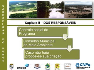 C
A
B
E
C
E
I
R
A
S
D
O
P
U
R
U
S
Capítulo II – DOS RESPONSÁVEIS
Controle social do
Programa
Conselho Municipal
de Meio Ambiente
Caso não haja
propõe-se sua criação
ConselhoNacionaldeDesenvolvimento
CientíficoeTecnológico
 