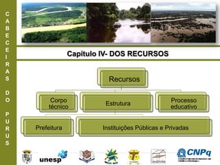 C
A
B
E
C
E
I
R
A
S
D
O
P
U
R
U
S
Capítulo IV- DOS RECURSOS
Recursos
Corpo
técnico
Estrutura
Prefeitura Instituições Públicas e Privadas
Processo
educativo
ConselhoNacionaldeDesenvolvimento
CientíficoeTecnológico
 