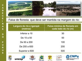 C
A
B
E
C
E
I
R
A
S
D
O
P
U
R
U
S
Faixa de floresta que deve ser mantida na margem do rio:
Largura do rio e igarapé
(metros)
Faixa mínima de floresta em
cada lado do rio (m)
Inferior a 10 30
De 10 a 50 50
De 50 a 200 100
De 200 a 600 200
Superior a 600 500
ConselhoNacionaldeDesenvolvimento
CientíficoeTecnológico
 