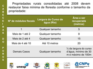 C
A
B
E
C
E
I
R
A
S
D
O
P
U
R
U
S
Propriedades rurais consolidadas até 2008 devem
restaurar faixa mínima de floresta conforme o tamanho da
propriedade:
Nº de módulos fiscais
Largura do Curso de
água (Rio)
Área a ser
recuperada
(metros)
1 Qualquer tamanho 5
Mais de 1 até 2 Qualquer tamanho 8
Mais de 2 até 4 Qualquer tamanho 15
Mais de 4 até 10 Até 10 metros 20
Demais Casos Qualquer tamanho
½ da largura do curso
d’água, mínimo de 30
m e máximo de 100m
ConselhoNacionaldeDesenvolvimento
CientíficoeTecnológico
 