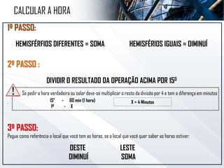 1º PASSO:
HEMISFÉRIOS DIFERENTES = SOMA HEMISFÉRIOS IGUAIS = DIMINUÍ
2º PASSO :
DIVIDIR O RESULTADO DA OPERAÇÃO ACIMA POR 150
.
3º PASSO:
Pegue como referência o local que você tem as horas, se o local que você quer saber as horas estiver:
15º - 60 min (1 hora)
1º - X
X = 4 Minutos
CALCULAR A HORA
Se pedir a hora verdadeira ou solar deve-se multiplicar o resto da divisão por 4 e tem a diferença em minutos
OESTE
DIMINUÍ
LESTE
SOMA
 