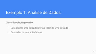 Exemplo 1: Análise de Dados
Classificação/Regressão
- Categorizar uma entrada/Definir valor de uma entrada
- Baseadas nas características
11
 