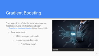 Gradient Boosting
“Um algoritmo eficiente para transformar
hipóteses ruins em hipóteses boas”
Thoughts on Hypothesis Boosting, Michael Kearns (1998)
- Funcionamento
- Método supervisionado
- Usa Árvore de Decisão
- “Hipótese ruim”
14
 