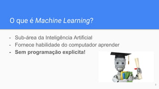 O que é Machine Learning?
- Sub-área da Inteligência Artificial
- Fornece habilidade do computador aprender
- Sem programação explicita!
3
 