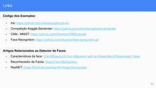 Links
62
Código dos Exemplos:
- Iris: https://github.com/cfsantos/xgboost-iris
- Competição Kaggle-Santander: https://github.com/cfsantos/xgboost-santander
- CNN - MNIST: https://github.com/cfsantos/CNNExample
- Face Recognition: https://github.com/cfsantos/face-recognition.git
Artigos Relacionados ao Detector de Faces:
- Características da face: One Millisecond Face Alignment with an Ensemble of Regression Trees
- Reconhecedor de Faces: Deep Face Recognition
- ResNET: Deep Residual Learning for Image Recognition
 
